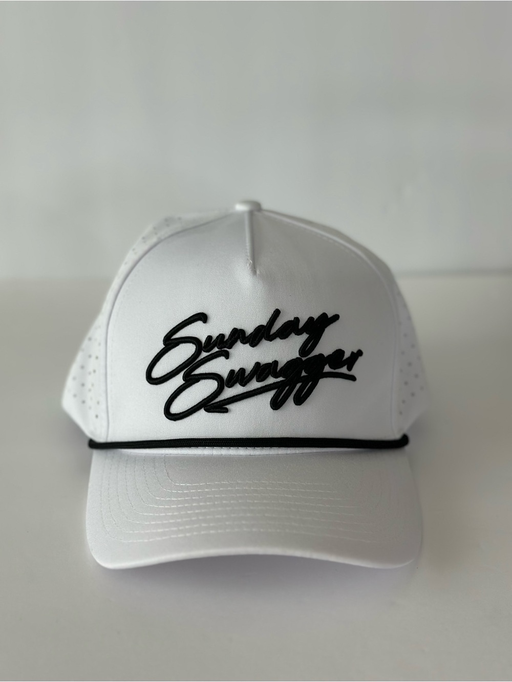 Sunday Swagger “Swagger” White Snapback Hat NWT Black Script Trucker Cap